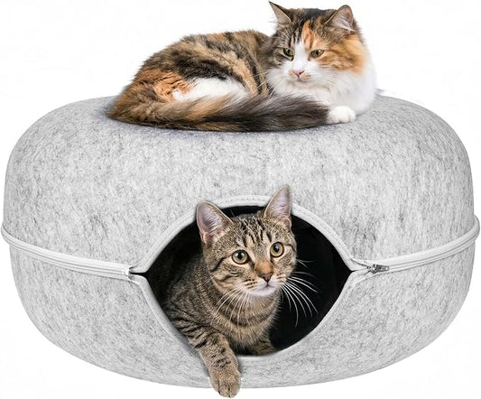 Cat Tunnel Bed for Heavy Big Cats up to 45 lbs - 24" Donut Cat Bed for Multi-Cat Home - Premium Detachable Zipper Felt Anti-Scratch Cat Cave Bed - Roomy Non-Collapsing Cat Hideaway & Peekaboo Toy by Unknown