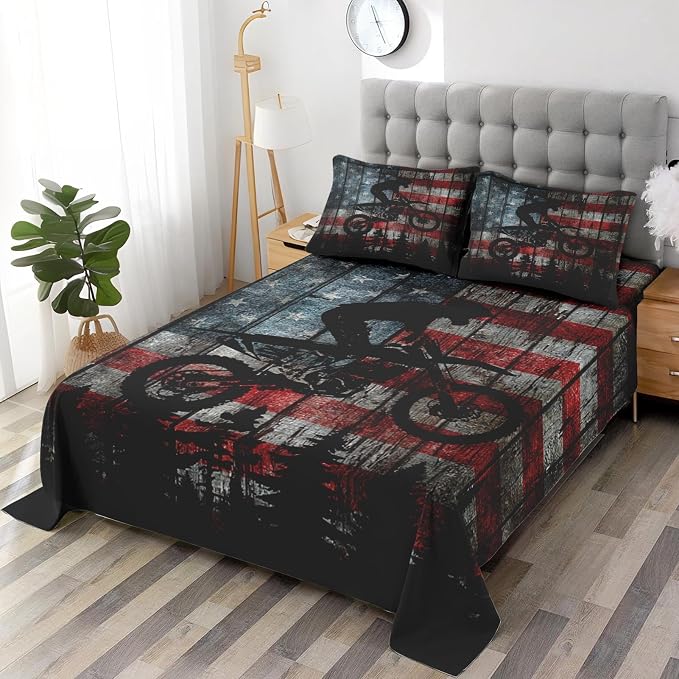 WeCozy Full Size Bed Sheet Sets with Pillowcases, American Flag Vintage Motocross 4 Pcs Soft Microfiber Bedding for Kids and Adults, Motorcycle Flat, Fitted Sheet for Bedroom Bed Decor - Image 4