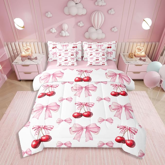 Erosebridal 7 Pcs Cherry Bowknot Kids Comforter Set Full Bed in a Bag,Princess Bow Bedding Set for Girls Girlfriend,Girly Red Cherries Duvet Set,Romantic Valentine Bow Tie Geometric Sheet Set by Erosebridal