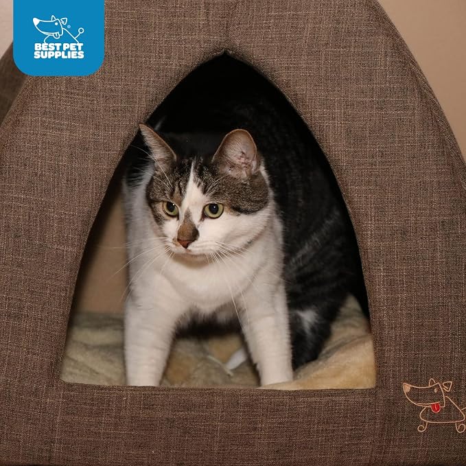 Best Pet Supplies Cat Bed for Indoor Cat, Domed Tent House with Removable Pillow, Covered Cat Cave for Small Dog, Puppies and All Breeds of Cats - Brown Linen, 19 x 19 x H:19" - Image 5