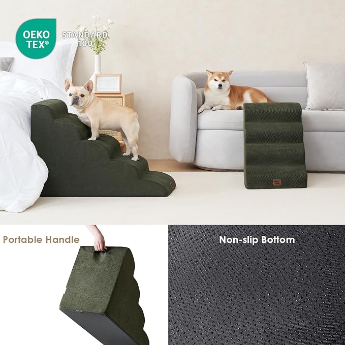 EHEYCIGA Curved Dog Stairs Ramp for High Beds 19.7" H, 4-Step Dog Steps for Small Dogs and Cats, Pet Stairs for High Bed Climbing, Non-Slip Balanced Pet Step Indoor, Military Green - Image 5