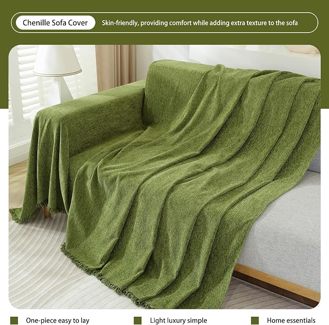DREAMINGO Herringbone Textured Green Chenille Couch Cover 71"x118" | Modern Minimalism Style, Living Room Decor, Furniture Protector, Fit 2 Cushion Couch & Sectional, Washable, Large Size - Image 5