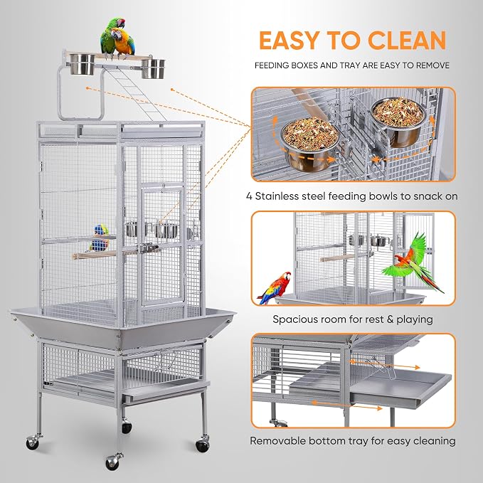 SUPER DEAL PRO 61-inch 2in1 Large Bird Cage with Rolling Stand Playtop Parrot Chinchilla Finch Cage Macaw Conure Cockatiel Cockatoo Pet House Wrought Iron Birdcage, White - Image 3