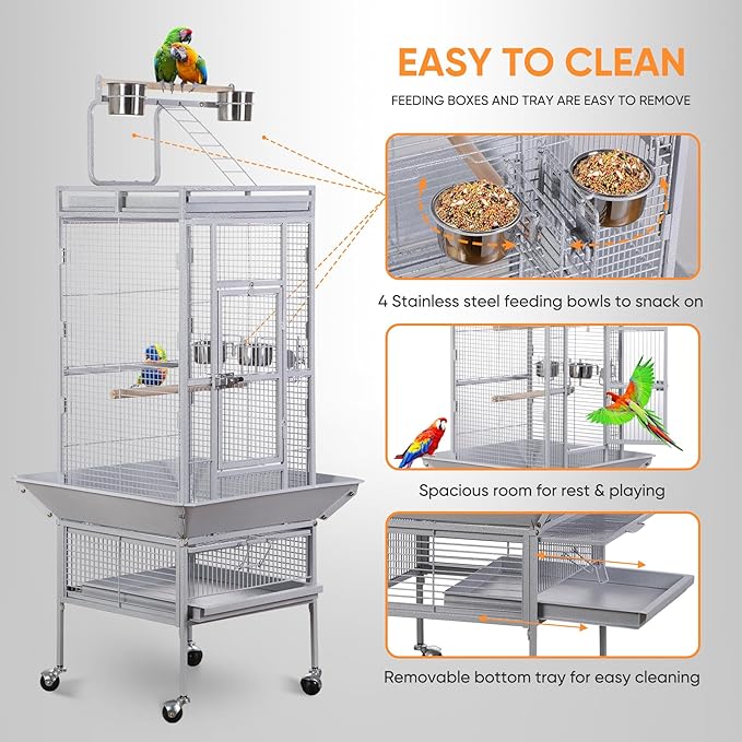 Nova Microdermabrasion 61 Inches Large Bird Cage Play Top Parrot Cockatiel Parakeet Chinchilla Macaw Cockatoo Cage W/Stand Perch Pet Supplies, White - Image 4