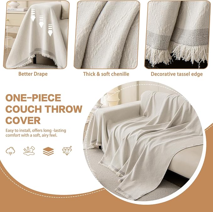 DREAMINGO Modern Chenille Couch Cover Blanket Washable Sofa Covers for 3 Cushion Couch Diamond Weave Textured Furniture Protector for Dogs Soft White Couch Throw Cover, X-Large 71"x134" - Image 3