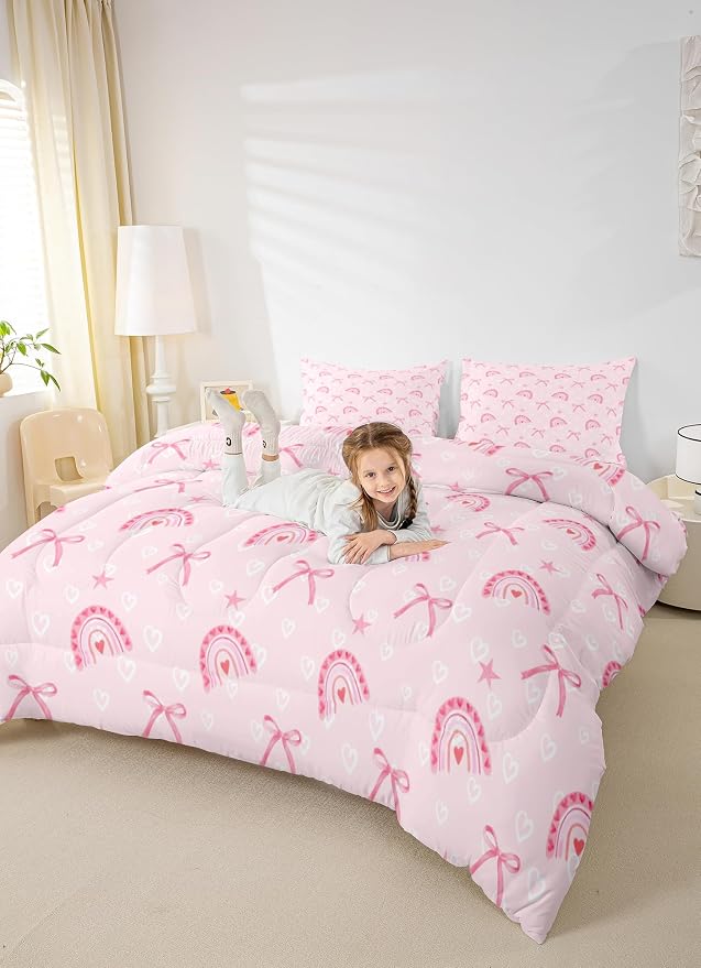 Manfei Pink Love Rainbow Comforter Set King Size,Princess Bow Ribbon Bow-tie Dreamy Bedding Set 3 Pcs for Girls Women,Kawaii Hearts Stars Watercolor Comforter,Pink Duvet Insert,2 Pillowcases by Manfei