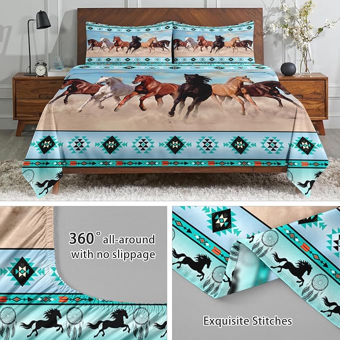 WeCozy King Size Bed Sheet Sets with Pillowcases, Horses Desert Animal 4 Pcs Soft Microfiber Bedding for Kids and Adults, Tribal Farm Sunset Run Flat, Fitted Sheet for Bedroom Bed Decor - Image 5