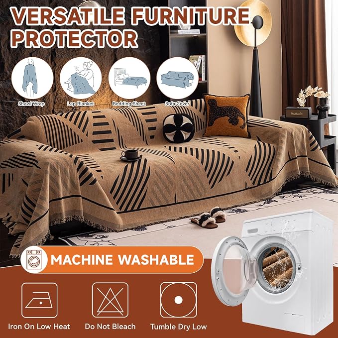 VClife Boho Couch Cover Washable Sectional Sofa Cover, Pet Couch Cover for Loveseat Versatile Coffee Black Geometry Sofa Throw Cover for L-Shape Sofa - Anti Slip Couch Sofa Cover for Dog 71"x118" - Image 7