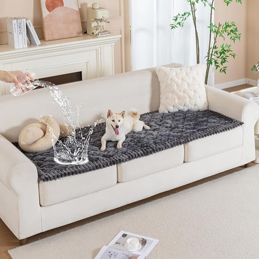 PuTian 100% Waterproof Fuzzy Couch Cover for Dogs Dark Grey 27.6"x82.7" | Pet Friendly Dog Mat for Couch, Waterproof Sofa Protector, Scratch Resistant Furniture Cover for Dogs, Machine Washable by PuTianWorld