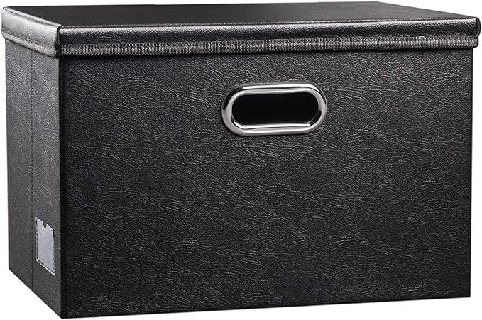 PRANDOM Large Collapsible Storage Bin with Lid [1-Pack] Leather Fabric Foldable Storage Box Organizer Containes Basket Cube with Cover for Home Bedroom Closet Office Nursery Black (17.7x11.8x11.8) by Prandom
