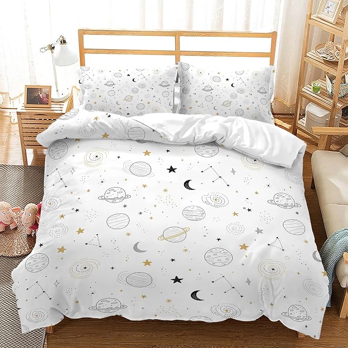 AILONEN Orbit Drawing Queen Duvet Cover Set 3 Piece, Gold Star Printed Bedding with 2 Pillowcases, Microfiber Zipper Closure, Adult Family Bedroom by AILONEN