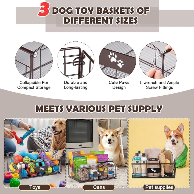 Mimorou 3 Pack Metal Dog Toy Baskets Multi-sized Foldable Dog Toy Bins Box Storage Container Organizer for Living Room Area Decorative Pet Accessories Coat Clothing Storage Holder Baskets(Bronze) - Image 4
