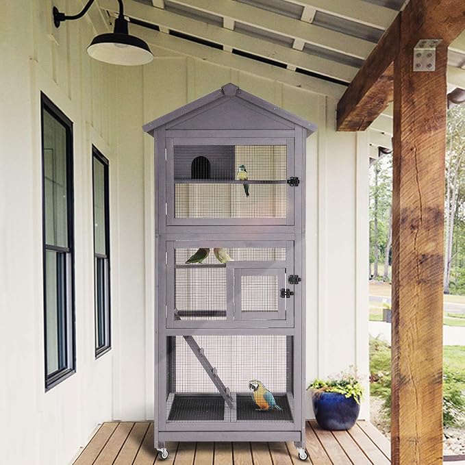 GUTINNEEN Outdoor Bird Aviary Wooden Large Bird Cage on Wheels, Featuring Play Stand, Perches, Nest Habitat, Include Wire Mesh Above Bottom Tray Easy to Clean | waterproof asphalt roof,32.7"x30.9"x70.8",slide-out tray with wire mesh,4 stainless steel w... by GUTINNEEN