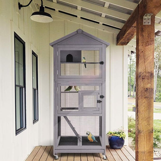 GUTINNEEN Outdoor Bird Aviary Wooden Large Bird Cage on Wheels, Featuring Play Stand, Perches, Nest Habitat, Include Wire Mesh Above Bottom Tray Easy to Clean | waterproof asphalt roof,32.7"x30.9"x70.8",slide-out tray with wire mesh,4 stainless steel w... by GUTINNEEN