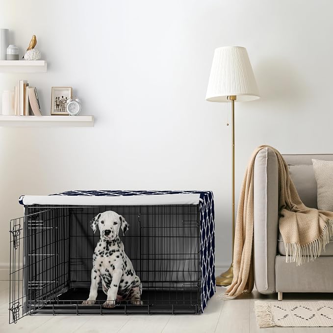 Sweet Jojo Designs 36in. Medium Dog Crate Cover (Navy Blue and White) Pet Cage, Kennel Covers (Neutral, Modern, Geometric for Trellis Collection) - Image 2