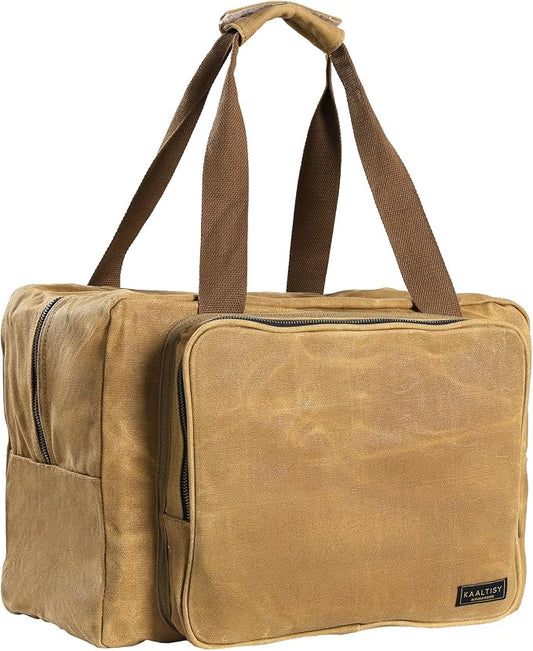 Tool Tote Bag - Large Capacity Tool Carrying Bag with 2 Zipper Pouches, Sustainable 16OZ Waxed Canvas Garden Tote for Gardening Set Hammer Fishing Gear Goggles - Khaki - 15.5"L x 7.5"W x 11.5"H by Kaaltisy