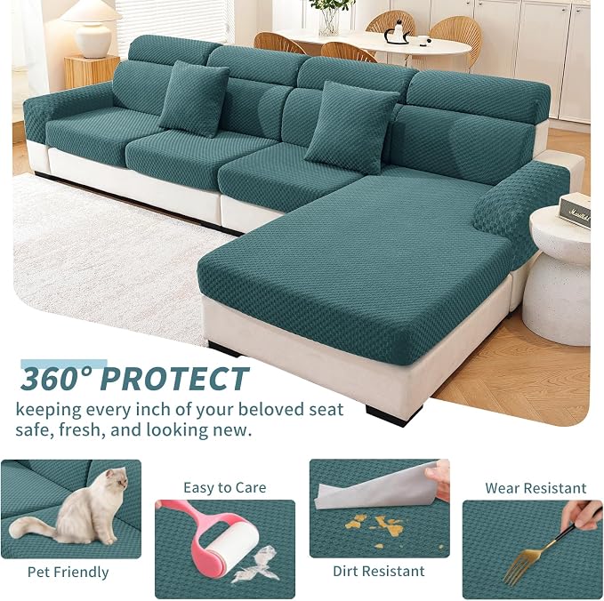 YEMYHOM Couch Cushion Covers for Sofa, Stretch Sectional Couch Seat Cushion Covers Washable Thick Furniture Protector Sofa Slipcovers for Pets (3 Seater + 1 Chaise, Peacock Blue) - Image 6