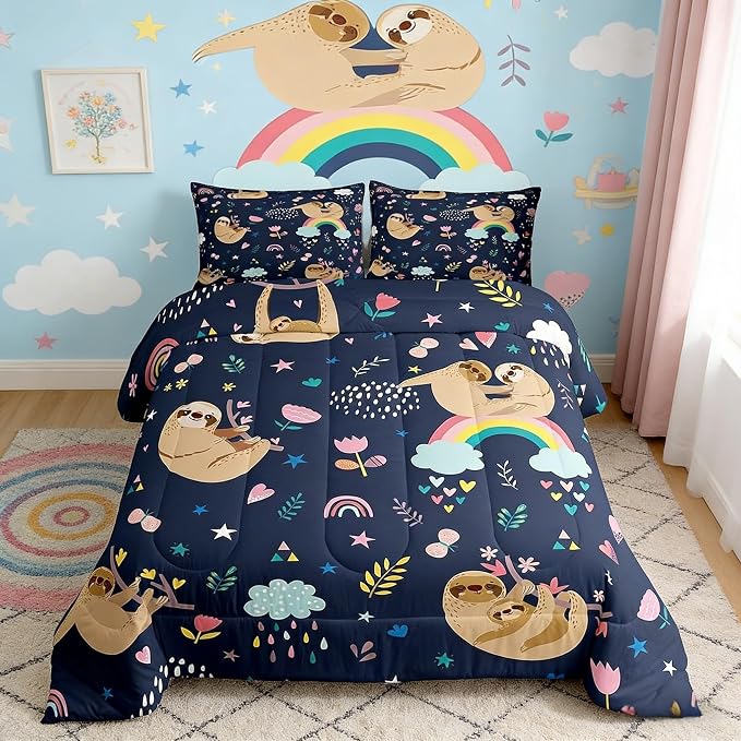 Cute Brown Sloth Comforter Set, Cartoon Animal and Flowers Rainbow Print Bedding Set for Kids Girls Boys Teens, Twin Size Quilted Duvet with 1 Pillowcase Decor Bedroom, Dark Blue - Image 2