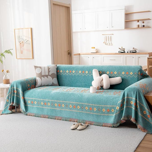 DREAMINGO Teal Boho Couch Cover Western Sofa Covers for 2 Cushion Couch Washable Bohemian Loveseat Covers Geometric Jacquard Couch Cover Blanket with Tassel, Large 71"x118" by DREAMINGO