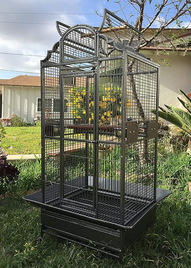 Large Elegant Wrought Iron Open Dome Play Top Bird Parrot Cage, Include Metal Seed Guard Solid Metal Feeder Nest Doors by Mcage
