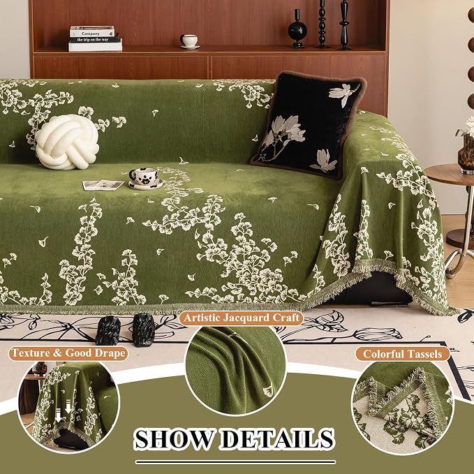 STACYPIK Vintage Green Ginkgo Sofa Cover for Pets, Botanical Floral Couch Cover for Sectional, Farmhouse Furniture Protector for 2 Cushion Couch Washable, Soft Loveseat Slipcovers Blanket-71X118IN - Image 2