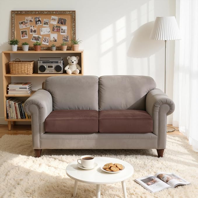 CHUN YI Velvet Couch Cushion Covers, 2PC Water Resistant Loveseat Cushion Covers for 2 Cushion Couch, Individual Seat Cushion Covers Cushion Protector Slipcovers for Pets (2 Pack, Brown) - Image 3