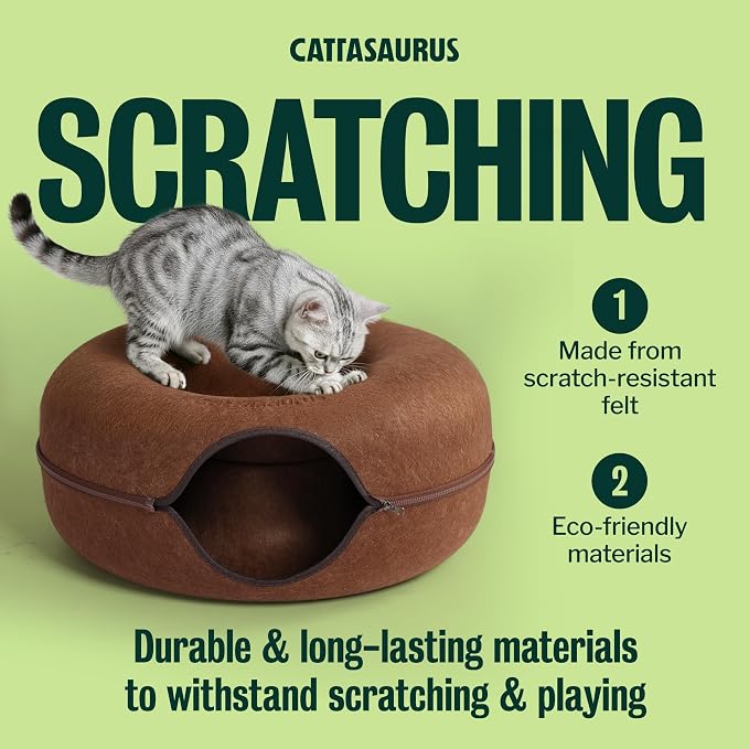 Cattasaurus Peekaboo Cat Cave Donut for Multiple & Large Cats up to 30-45 lbs, 3-in-1 Self Warming Cat Bed, Tunnel & Scratcher for Indoor Cats, Washable & Detachable Small Dog Bed (Brown, Large) - Image 4