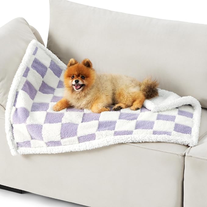 LE SURE Waterproof Dog Blankets for Small Dogs Cute Cozy 3D Jacquard,25x35 | Puppy Blanket for Cat Aesthetic Gift, Warm Soft Sherpa Throw Washable, Reversible Pet Couch Protector, Lavender Checks by Lesure