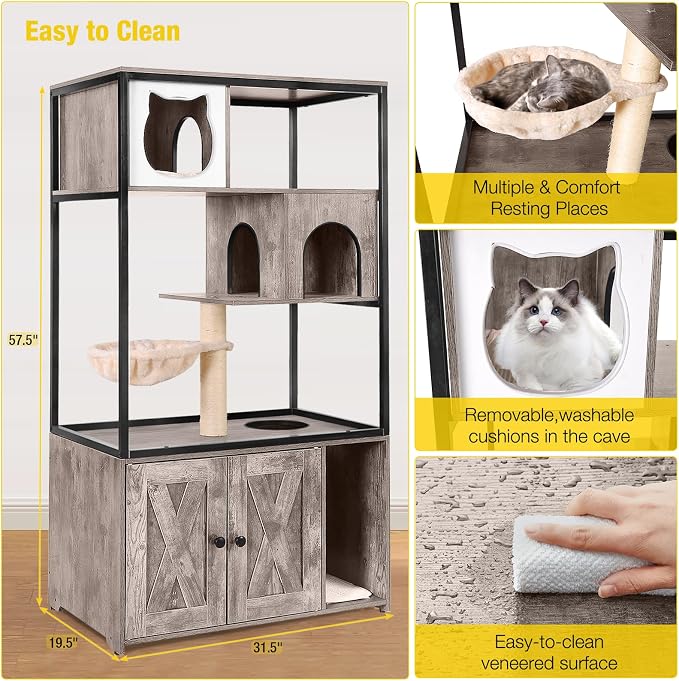 Aivituvin Cat Litter Box Enclosure, Litter Box Furniture Hidden, Wooden Cat Washroom Furniture, Indoor Cats House with Condo, Hammock, Scratching Mat and Storage Shelves-Greige - Image 6