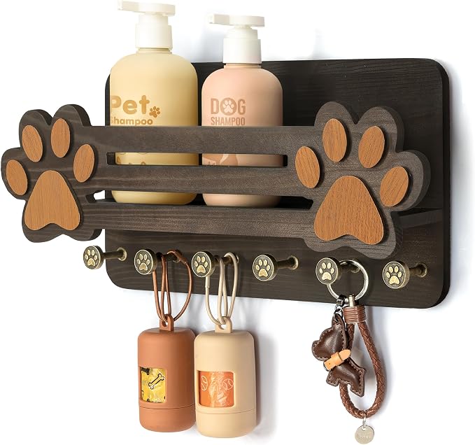 MTERSN Decorative Dog Leash Holder for Wall - Cute Dog Accessories Organizer with Floating Shelf & 6 Key Hooks – Key Holder Wall Mount for Cute Stuff and Farmhouse Decor (Dark Brown) by MTERSN