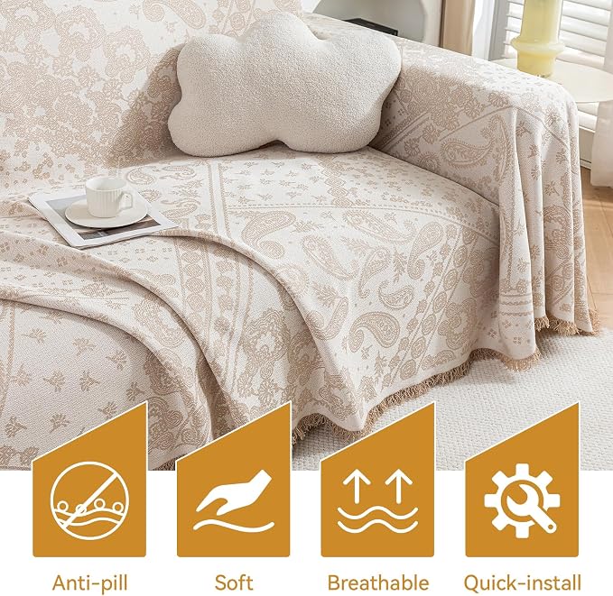Deep Dream Boho Couch Cover Blanket, Soft Chenille Sofa Covers for 3 Cushion Couch, Sofa Slipcovers Washable Living Room Furniture Protector for Dogs Pets (Cream, 71"x118") - Image 6