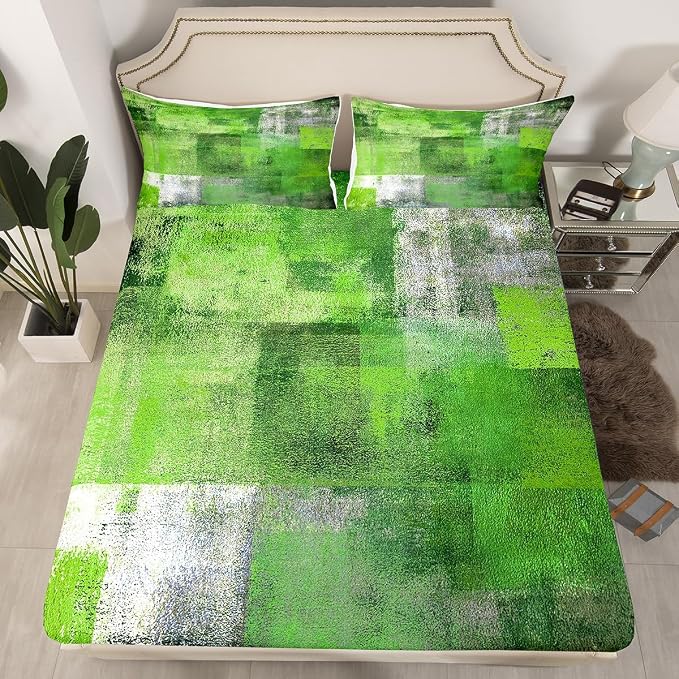 Erosebridal Summer Watercolor Bed Sheets Set for Kids Boys Girls,Green Grey Sheet Set King,Mid Century Sheets,Abstract Oil Painting Ombre Art Flat Fitted Sheet with 2 Pillowcases Deep Pockets - Image 2