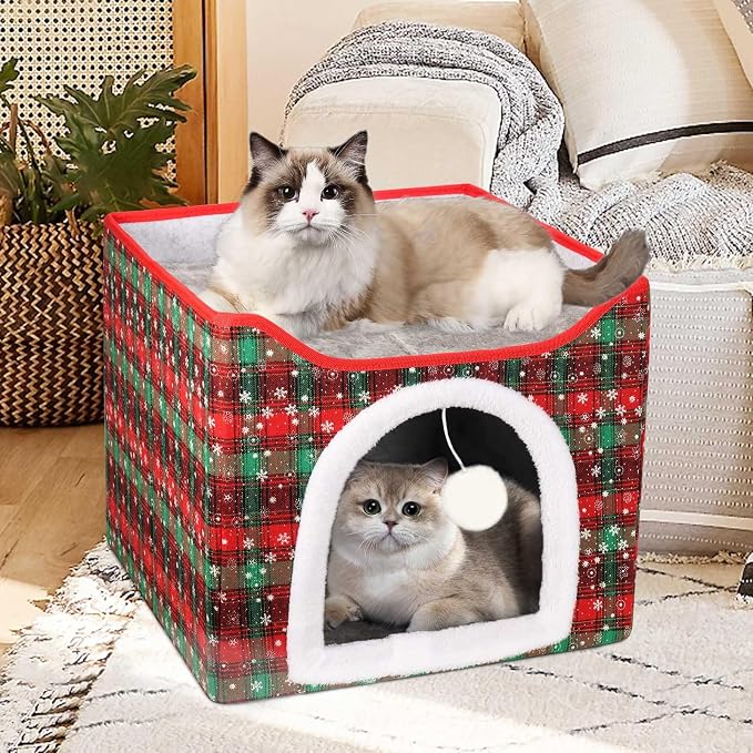 Heated Cat Bed for Indoor Cats, Foldable Cat House with Removable Heating Pad for Cats Small Dog Covered Cat Bed Cave Kitty Hideaway with with Scratch Pad, All Season Use - Image 8