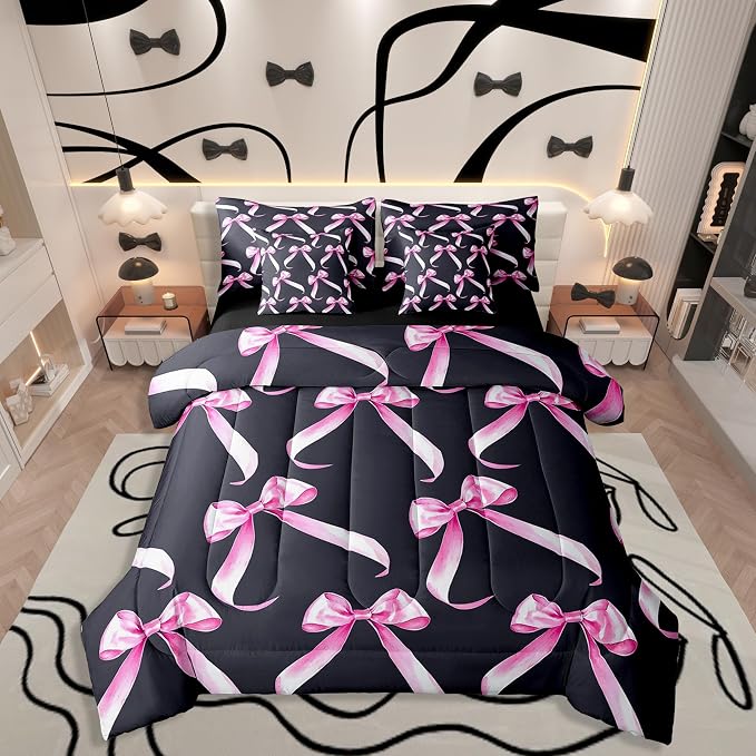Erosebridal 7 Piece Bowknot Bedding Set King,Modern Pink and Black Bow Ribbon Kids Comforter Set for Boys Girls,Dreamy Princess Style Quilt Set,Watercolor Bows Sheet Set Valentine Decor by Erosebridal