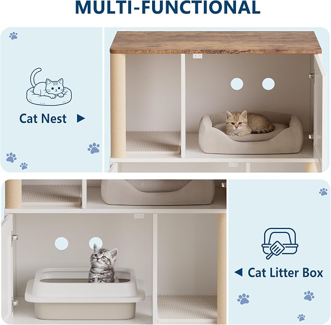 Garvee Double Layer Cat Litter Box Furniture, 2 in 1 Hidden Litter Box Furniture with Scratching Post and Litter Mats, Wooden Corner Cabinet Cat Washroom Bed - Image 5