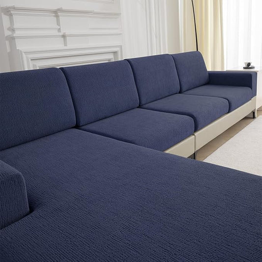 Couch Cushion Covers for Sectional Sofa Stretch Sofa Slipcovers Washable Wear-Resistant Sectional Couch Covers L Shaped Seats Furniture Protectors for Pets(Navy, 3 Seater+1 Chaise) by Jialudora