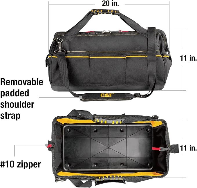 Cat 20-Inch Tech Wide Mouth Tool Bag with 12 Exterior Pockets, Hi-Vis Interior, Molded Base, Shoulder Strap, and Reinforced Handles – Heavy-Duty 1200D Polyester Construction - 240173 - Image 2