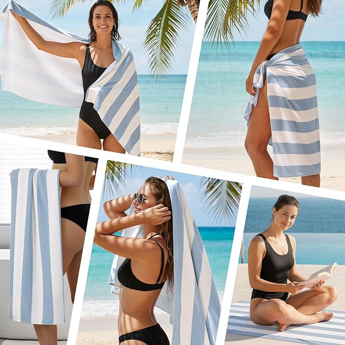Touchat 4 Pack Beach Towels Oversized 30'' x 60'' Microfiber Pool Swim Bath Camping Travel Cabana Stripe Quick-Dry Super Absorbent Lightweight Sand Free Towel for Adults, Multi-Functional, Blue - Image 7