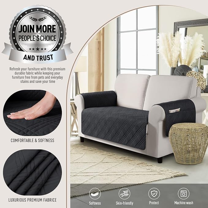 TAOCOCO Waterproof Loveseat Covers for Pets Dogs with Non Slip Backing, Sofa Seat Covers with Pocket for 2 Cushion Couch Washable Dog Couch Cover Protector Sofa Slipcovers(Loveseat Plus, Black) - Image 2
