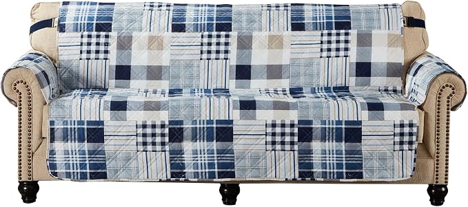 Brilliant Sunshine Blue Plaids and Stripes Patchwork Couch Cover, Quilted Large Sofa Slipcover, 70" Seat Width, Reversible Furniture Protector, 2" Strap, Washable Cover for Pets, Kids, Dogs, Cats,Blue | Non Slip Sofa Cover, Quilted Furniture Protector,... - Image 5