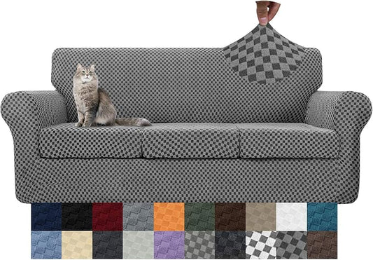 YEMYHOM Latest Checkered 4 Pieces Couch Covers for 3 Cushion Couch High Stretch Thickened Sofa Cover for Dogs Pets Living Room Anti Slip Elastic Slipcovers (Dark Gray Checkered), 71"-91"(3 Cushions) by YEMYHOM