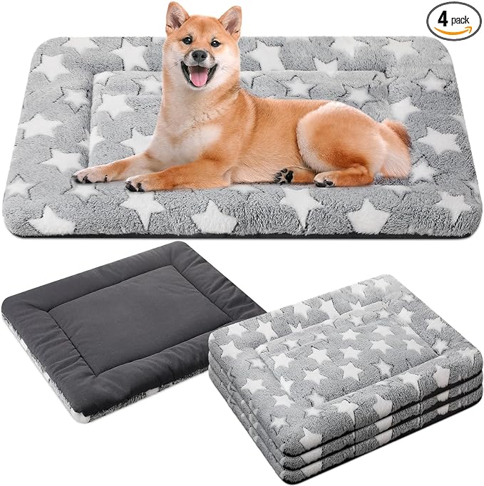VitalCozy 4 Pcs Dog Crate Pads, Ultra Soft Warm Washable Anti-Slip Kennel Bed Mat for Pets, Reversible, Replaceable, Cage Liner for Small Medium Large Dogs and Cats(24 x 36 x 1.6 Inch,Star,Gray) by VitalCozy