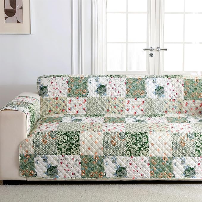 Cmfshape Skidproof Sofa Cover-Green Sofa Slipcover with Elastic Straps-Easy Fit Slip Cover-Patchwork Washable Furniture Protector for Pets and Kids(Loveseat,Green) - Image 2