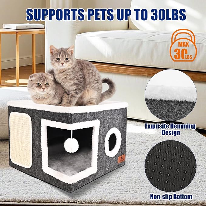 Felt Cat Cave Beds for Indoor Cats, Foldable Cat Hideaway with Scratch Pad and Fluffy Ball, Large Covered Cat House with Reversible Cushion for Multi Small Pet - Image 3