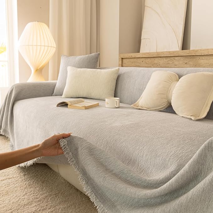 Gray Boho Couch Covers for Sofa Washable for 3 Cushion Couch,71''X150'' | Chenille Furniture Protector Sofa Couch Cover for Dogs, Soft Breathable Sofa Slipcover, Couch Throw Blankets with Tassels - Image 5