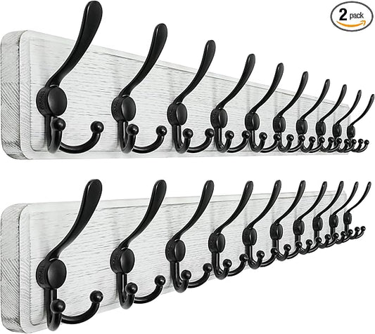 Dseap Coat Rack Wall - Heavy-Duty 38-1/4" Long, with Reinforced 10 Custom Tri-Hooks, Solid Wood Wall Hanger for Coats Hat Jackets - Rustic Farmhouse Entryway Storage, White & Black, Pack of 2 by Dseap