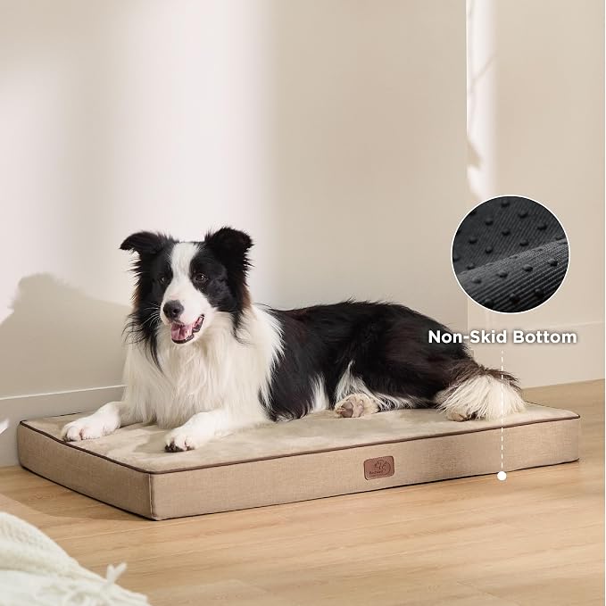 Bedsure Memory Foam Dog Beds Large Sized Dog, Orthopedic Crate Pads, 35x22 | Dual-layer Foam Mat for Optimal Support,Comfy Plush Flannel Fleece Pet Pillow, Removable Washable Cover, Nonslip Bottom，Khaki - Image 6
