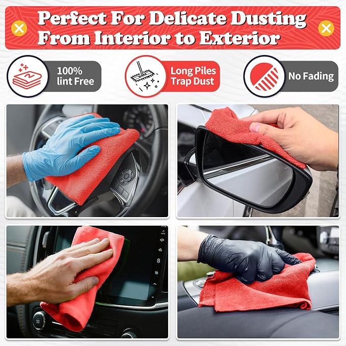 FIXSMITH Microfiber Cleaning Cloth, Shop Towels Bulk, 24 Pack Red Microfiber Towels for Cars, All-Purpose Absorbent Cleaning Rags, Dust Cloth for Automotive, Mechanic, Garage, Bar, 12 x 11 inch - Image 3