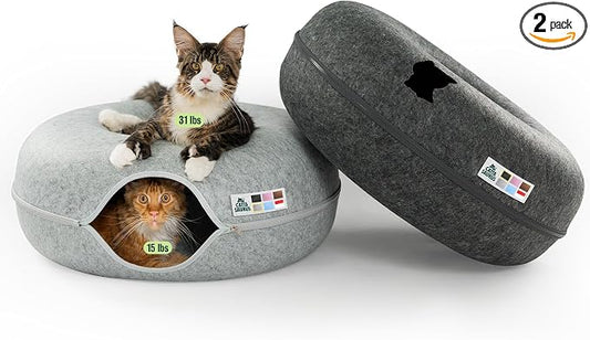 Cattasaurus Peekaboo Cat Cave Duo Jumbo Set, Extra Spacious Cat Donut for Multiple & Large Kitty 15+ lbs, Scratch Detachable Cat Beds for Indoor Cats, Washable Cat Tunnel Bed, Best Kitten Toys by Cattasaurus