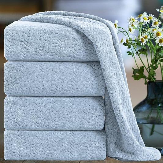 Smuge Ultra Soft Bath Towel Set of 4, Blue Extra Large Textured Microfiber Luxury Towels 35x70 in, Quick Dry, Highly Absorbent, Fluffy, Oversized, for Bathroom Shower Pool Hotel Beach by Smuge